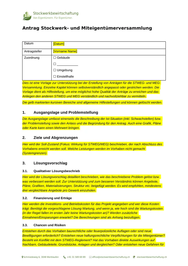 Erste Seite der Antragsvorlage für die Eigentümerversammlung