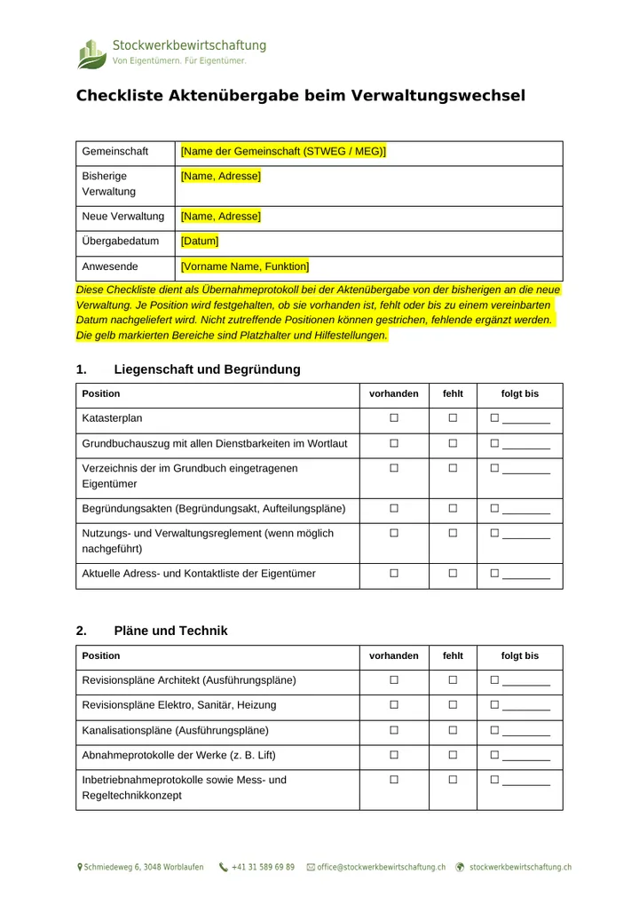 Erste Seite der Checkliste Aktenübergabe beim Verwaltungswechsel