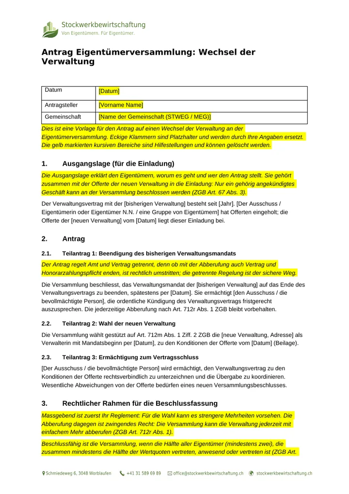 Erste Seite des Musterantrags für den Verwaltungswechsel