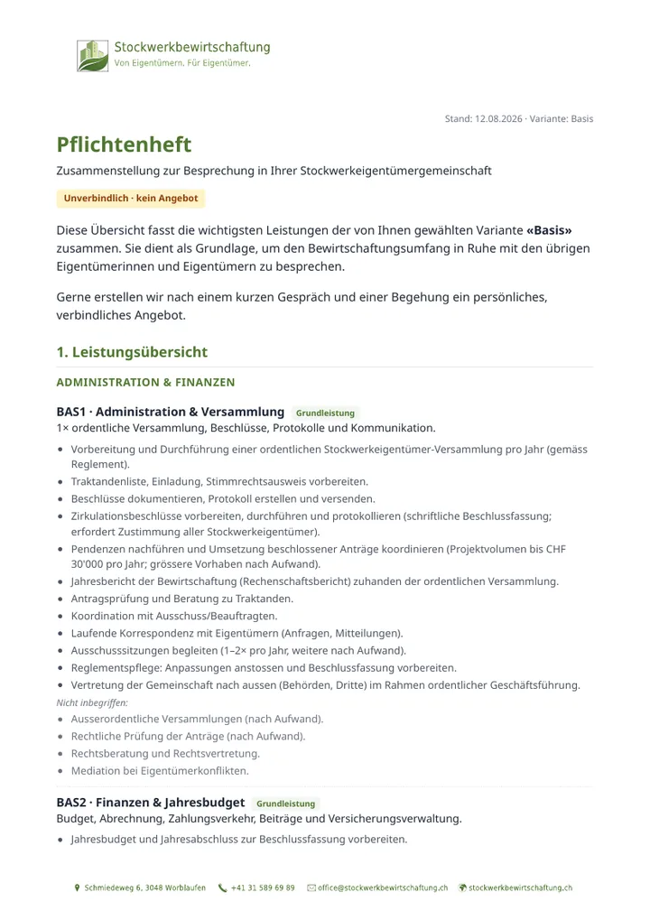 Titelseite eines Beispiel-Pflichtenhefts aus dem Honorar-Rechner (Variante Basis)