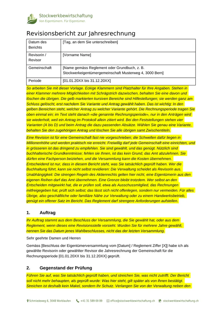 Erste Seite der Vorlage für den Revisionsbericht zur Jahresrechnung