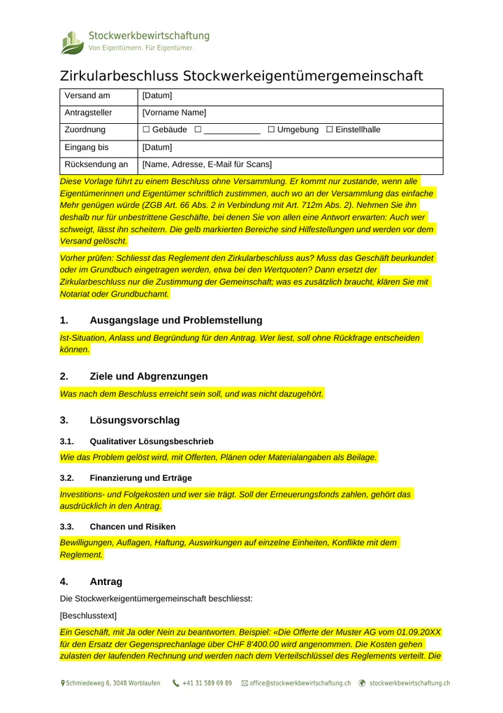 Erste Seite der Vorlage für den Zirkularbeschluss der Stockwerkeigentümergemeinschaft